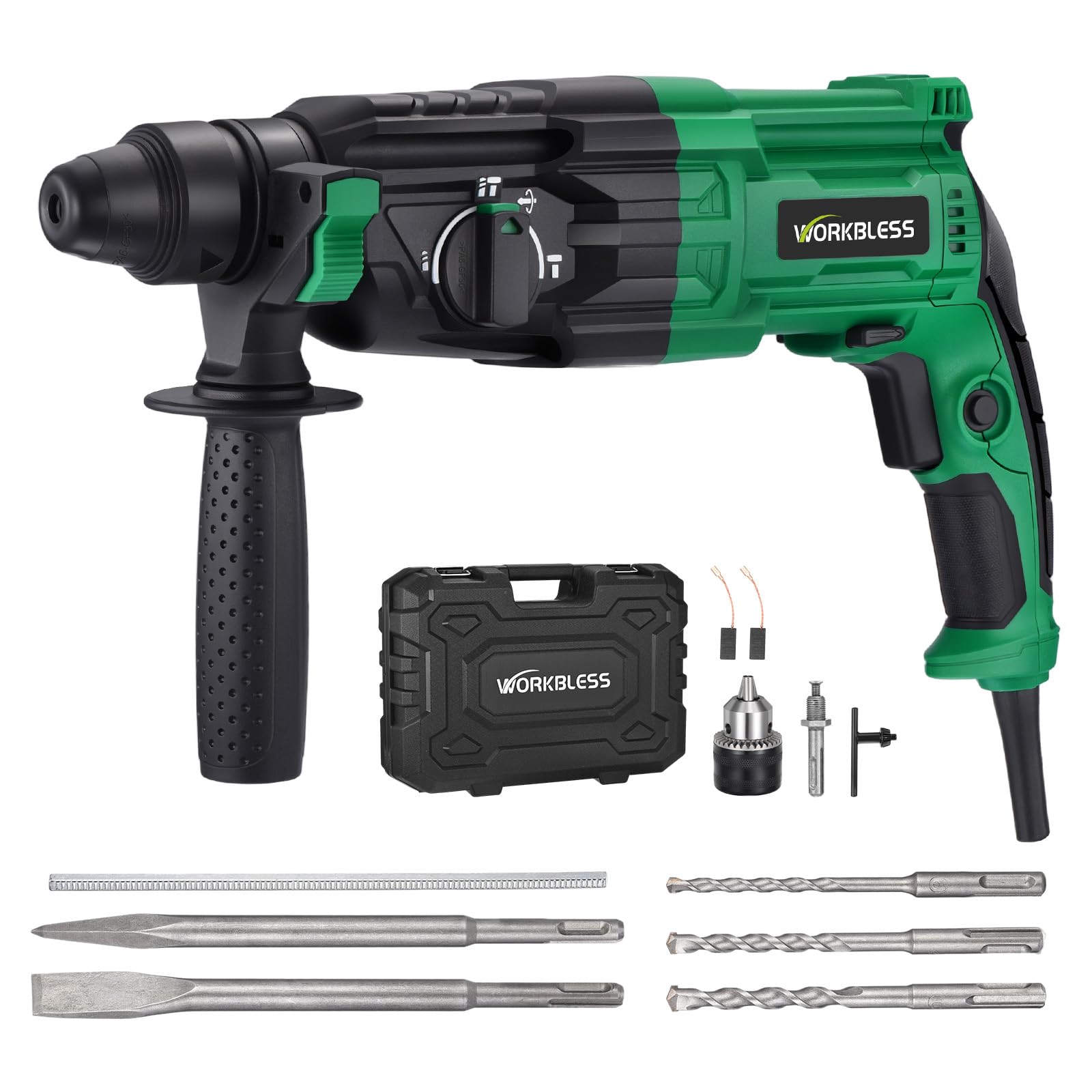 Photo 1 of WorkBless 1 Inch SDS-Plus Rotary Hammer Drill, 8Amp, 3.0J 4 Functions Variable Speed Hammer Drill with Safety Clutch for Concrete Demolition Chipping,3 Drill Bits, 2 Chisels, 1 Adapter