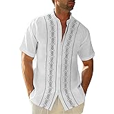 Cuban Guayabera Shirts for Men Short Sleeve Casual Button Down Shirt Band Collar Beach Camp Mexican Shirt