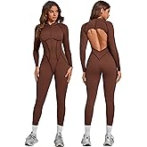 ABOCIW Womens Zipper Long Long Sleeve Workout Jumpsuit Contouring Seams Backless Bodysuit Yoga Rompers Catsuit