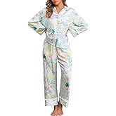 Jusfitsu Women's Silk Satin Pajamas for Women Set Long Sleeve 2 Piece Cute Ruffle Button Down Pjs Sets Soft Loungewear