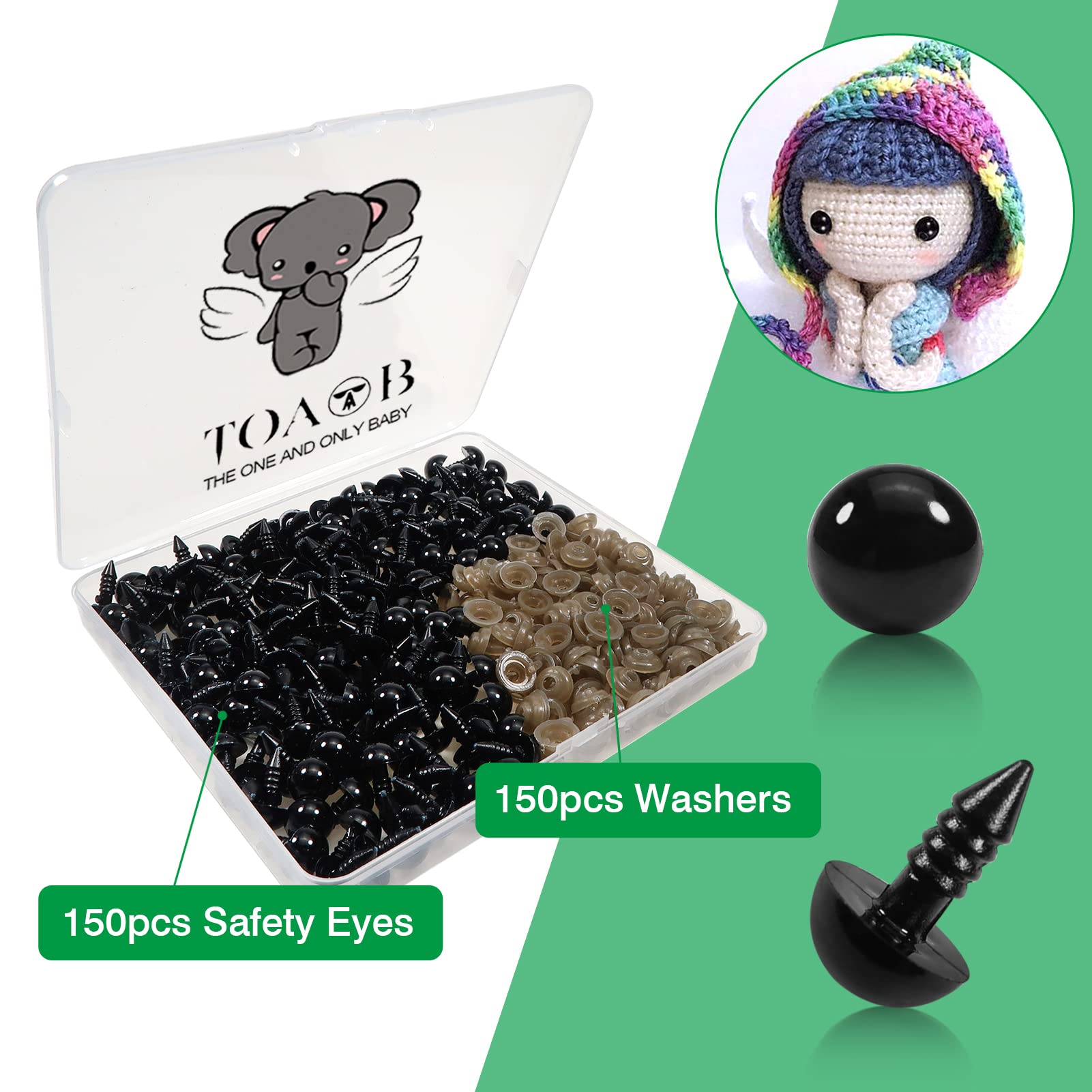 TOAOB 150pcs 10mm Black Plastic Safety Eyes Crafts Safety Eyes with 150pcs Washers for Stuffed Animals Amigurumis Crochet Bears Doll Making
