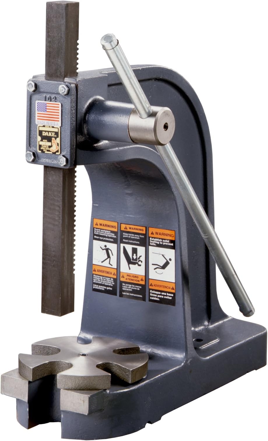 Dake 0 Model Single Leverage Arbor Press with Base Opening and Slotted Table Plate, 1.5 Ton Capacity, 7.75" Maximum Working Height, 6" Length x 14" Width x 14.5" Height
