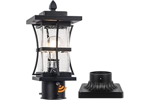 FRELII Dusk to Dawn Outdoor Post Light Fixture with Pier Mount Base - Black Outdoor Pole Lighting, Waterproof Pillar Lantern, Modern Outside Column with Seeded Glass for Pathway, Garden, Patio, Anti-Rust