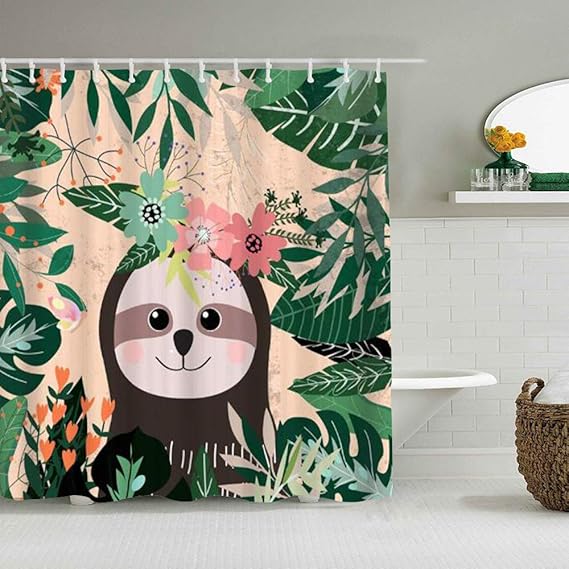 JIOLK Personalisierter Duschvorhang,Tropische grüne Blätter Cartoon