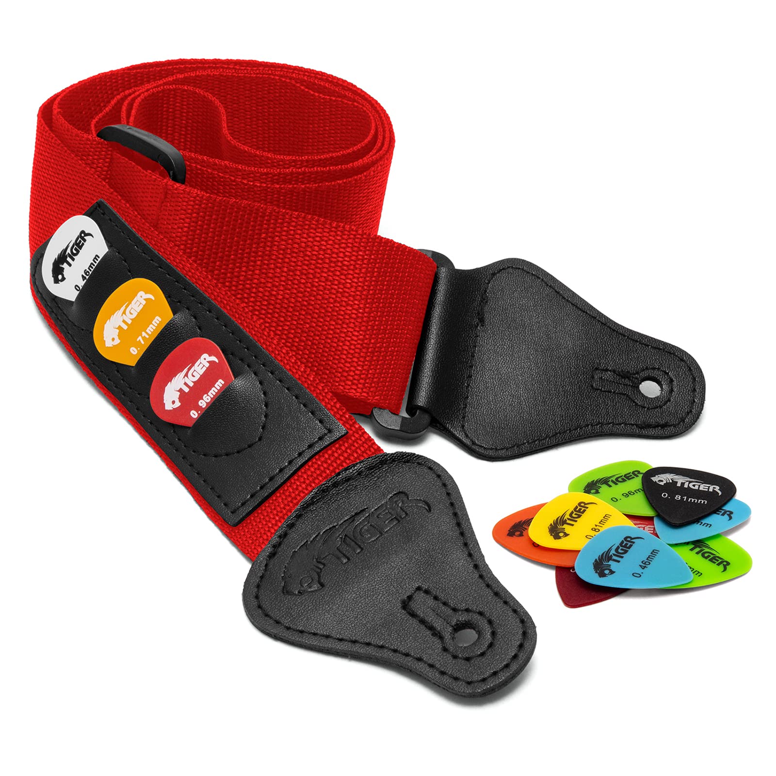 Tiger STPK2-RD Nylon Guitar Strap with 3 Pick Holders - Pack of 12 Picks Included - Red