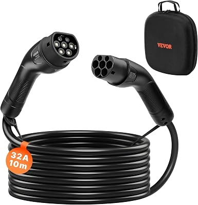 Cable de Carga para Vehículos Eléctricos, 32 A, 10 m, máx. 22 kW, Alargador, Compatible con Cargadores de Vehículos Eléctricos Tipo 2, Trifásico CA 480 V 50 Hz, IP65, con Bolsa de Transporte