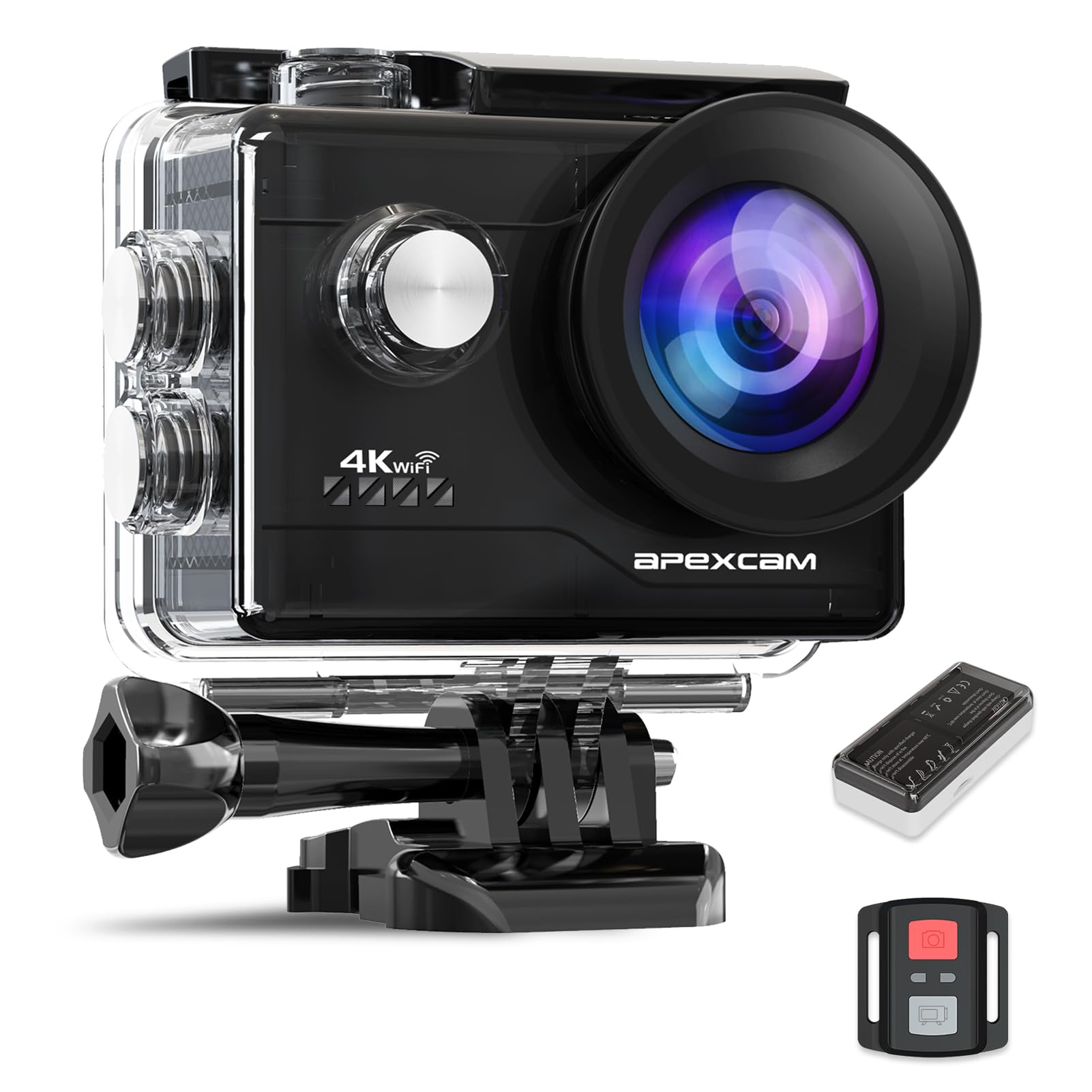 Apexcam M80air Action Camera 4K 60FPS 64MP WiFi Sports Underwater Camera Waterproof 40M EIS With Ultra HD 2.4G Remote 2 x 1350mAh Batteries and Accessories