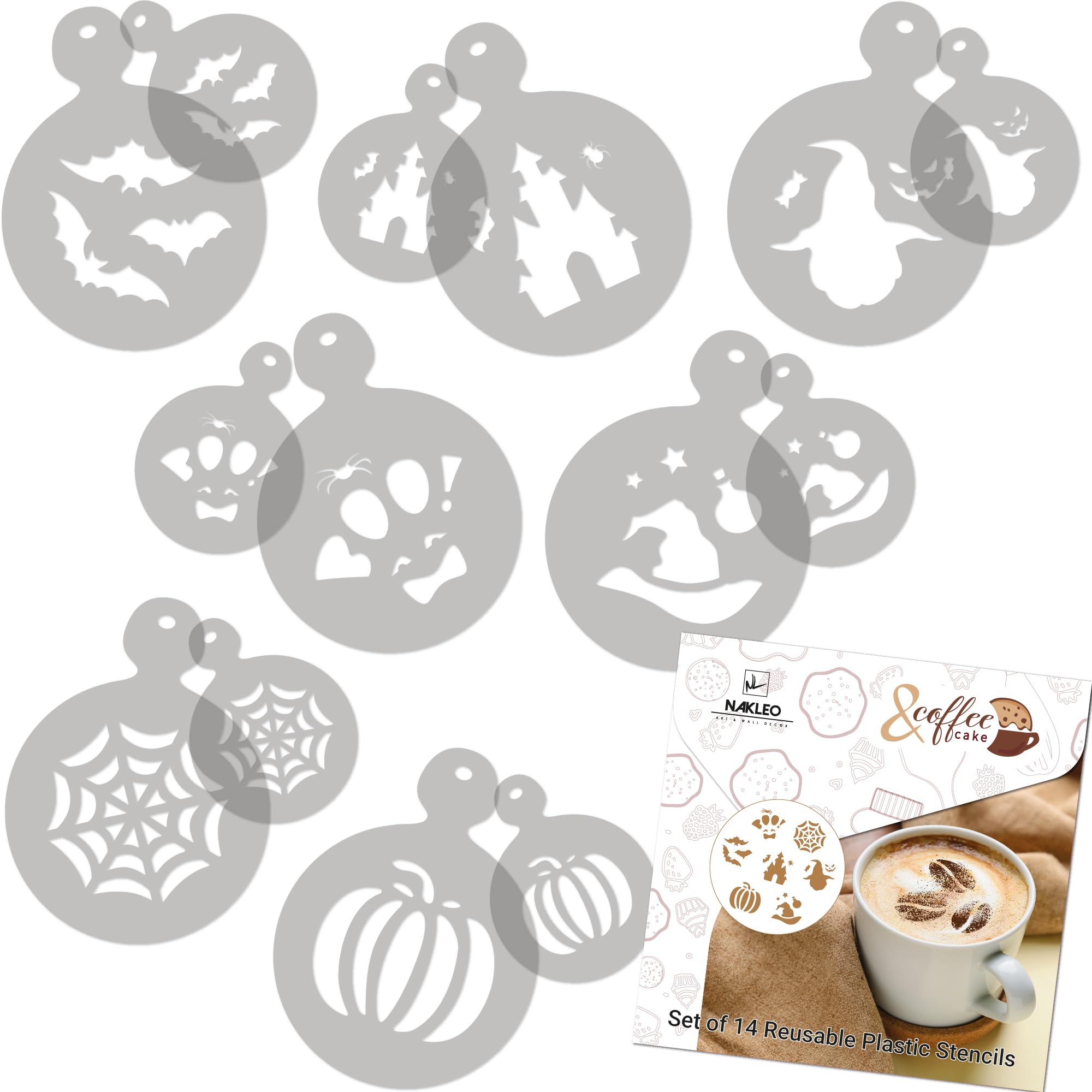 NAKLEO Coffee Stencils and Cookies Decoration 14Pcs 7x7 and 11x11cm, Reusable Plastic Baking Templates, Halloween Ghost Spider, Barista DIY Art Craft, Capuccino Latte Chocolate Cake Biscuit Kitchen