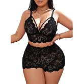 JuicyRose Plus Size Lace Lingerie Set for Women 2 Piece Floral Lace Bralette and High Waisted Shorts Sleepwear
