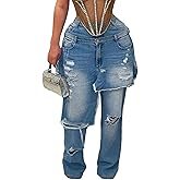 LKOUS Women's Ripped Baggy Jeans High Waist Wide Leg Patchwork Distressed Cutout Stretchy Denim Pants Streetwear