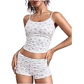 SOLY HUX Women's 2 Piece Outfits Floral Print Lace Ruched Cami Crop Tops and Shorts Set