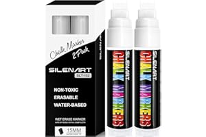 SILENART White Chalk Markers 2 Pack -15mm Jumbo Tip Car Markers - White Dry Erase Markers Pen - Chalk Pens White Liquid Chalk Markers for Chalkboard, Window, Glass, Mirror, Blackboard