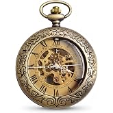 Mechanical Pocket Watch for Men with Chain, Hand-Wind Vintage Bronze Watch | Visible front and back movement, Roman numerals, 45 mm bronze case, 25 cm chain and gift box for collectors and gifting