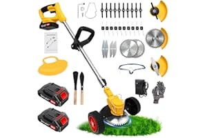 ALSO GO 24V Electric Weed Wacker Cordless Grass Trimmer with 2x2000mAh Batteries & Fast Charger, 3 in 1 Stringless Lightweight Brush Cutter/Edger/Mower with 3 Types Blade & Wheels for Garden and Yard Lawn