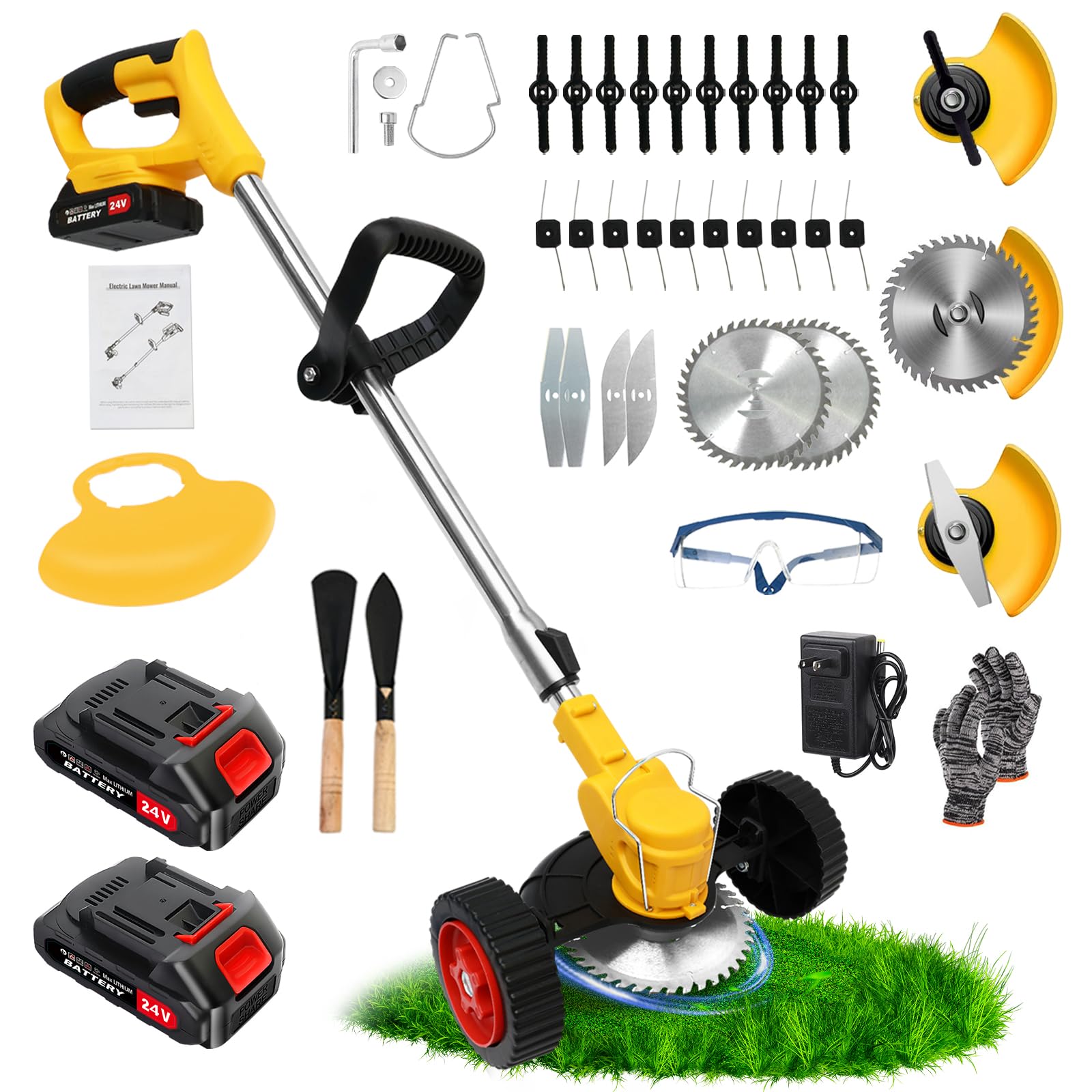 Photo 1 of 24V Electric Weed Wacker Cordless Grass Trimmer with 2x2000mAh Batteries & Fast Charger, 3 in 1 Stringless Lightweight Brush Cutter/Edger/Mower with 3 Types Blade & Wheels for Garden and Yard Lawn