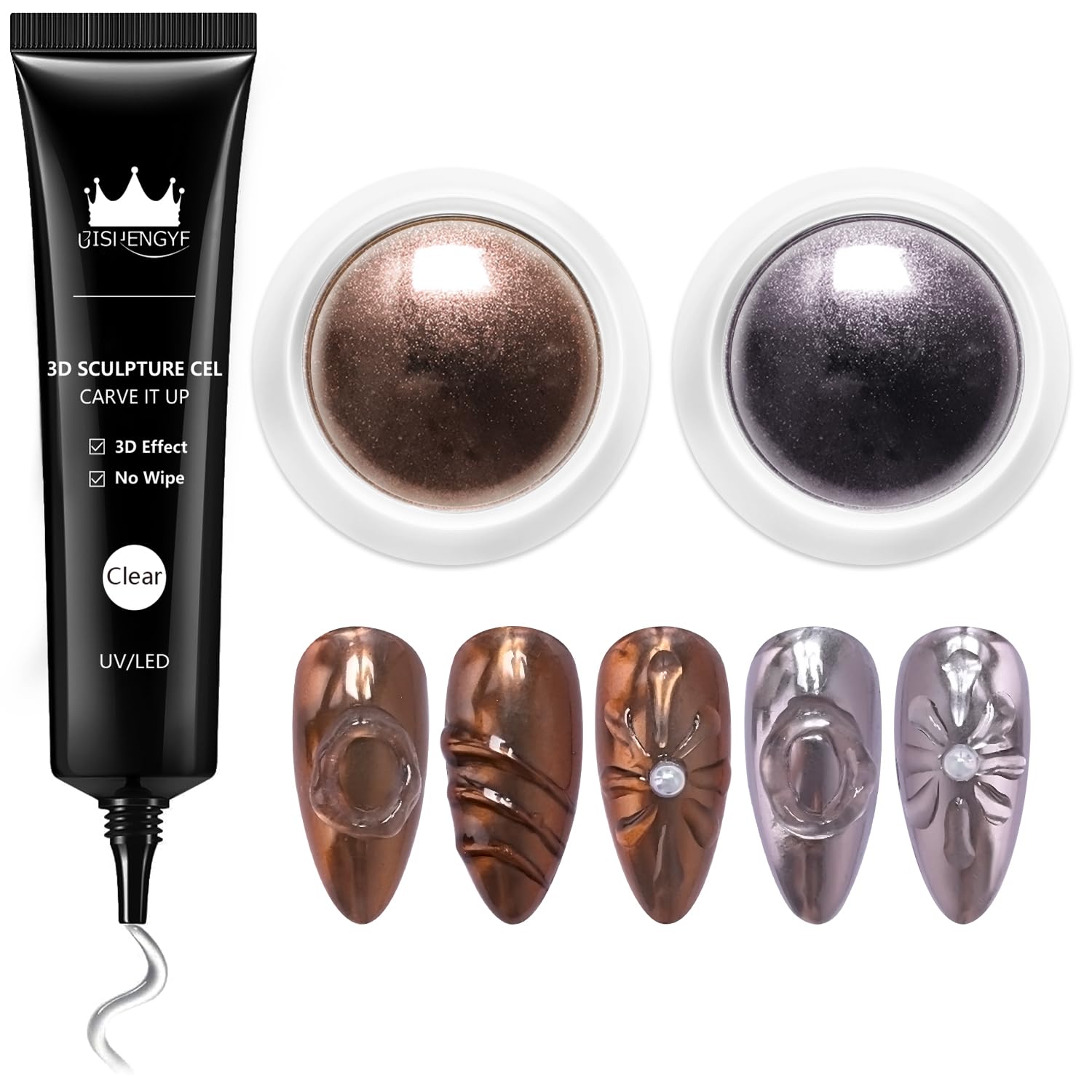 BISHENGYF gel 3D Multifunctional Nail Art: No Wipe 15g 3D Gel, 2pcs Glassy Black & Metallic Brown Powder, 5D Molding for Decoration