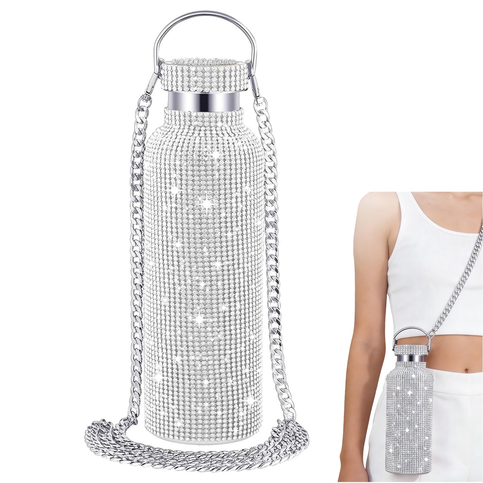 GIONAR 750ml Diamond Water Bottle, Bling Stainless Steel Water Bottle，Waterbottle with Diamond & Chain - Thermal Water Bottle, Stay Hydrated in Style for Camping,Party(Silver)