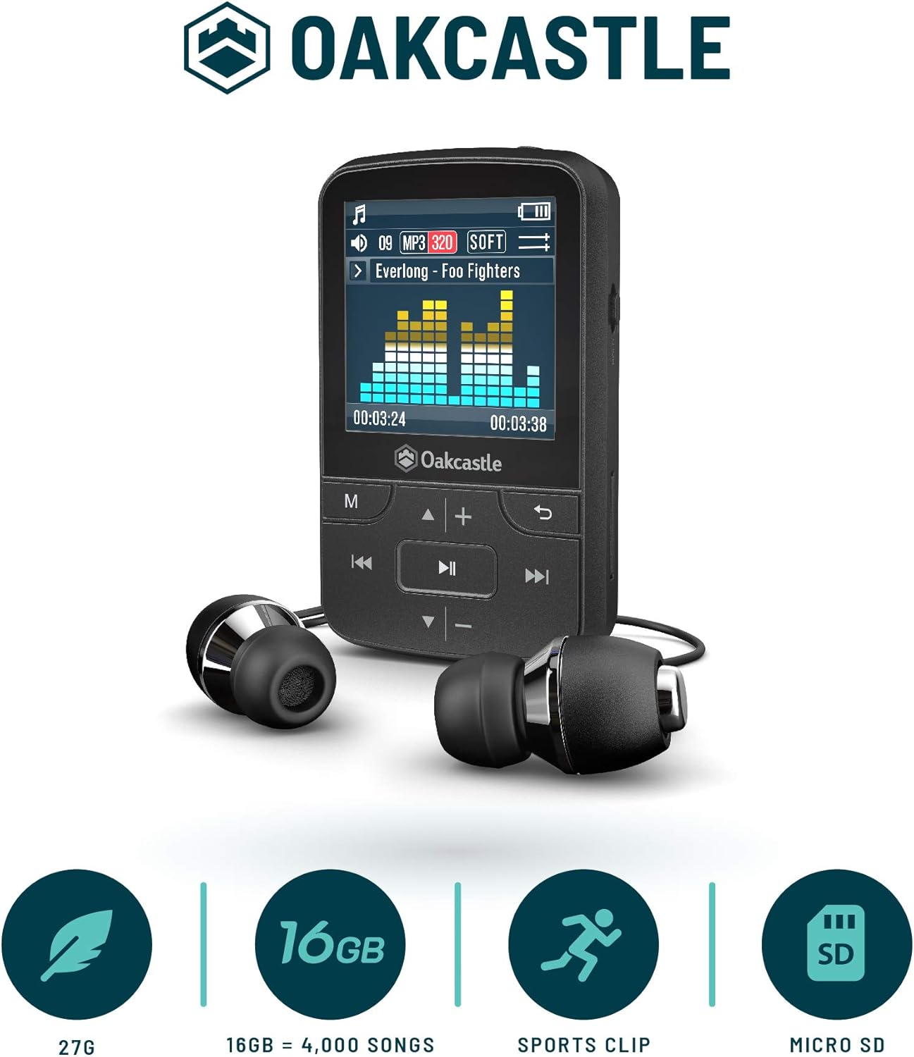 Oakcastle MP100 16GB Mini Portable MP3 Player with Bluetooth, FM Radio, Micro SD slot, Headphones + Waterproof Case Included, Expandable up to 128GB, plays FLAC & WAV files, Ideal for Running & Sports: Electronics