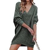 PRETTYGARDEN Women's Pullover Sweater Dress Casual Long Sleeve Ribbed Knit V Neck Loose Oversized Sweaters Dresses