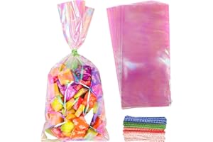 JOINDO 100PCS Iridescent Treat Bags,5x11 inch Holographic Goodie Bags with Twist Ties, Cellophane Candy Bags for Halloween, Christmas, New Year