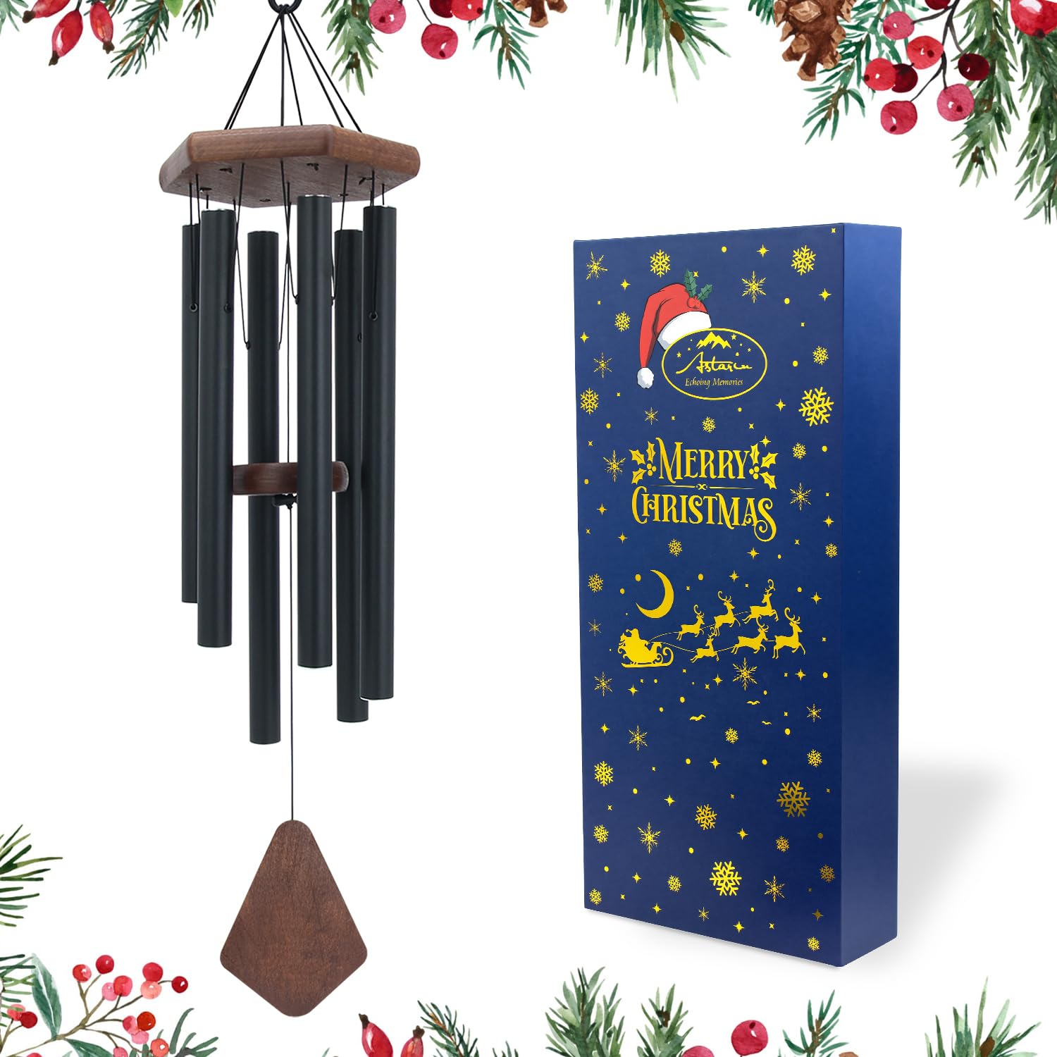 Wind Chimes for Outside, Black Aluminum Wind Chime with Wind Catcher, Garden & Patio Outdoor Decor, Deep Tone Tuned Windchimes, for Men and Women, Box Included Image