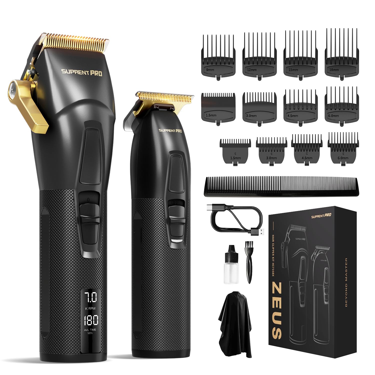 SUPRENT Professional Hair Clippers for Men Rechargeable Cordless Hair Clipper Kit-Barber Hair Cutting Kit-T-Blade Hair Trimmer Combo with 5V-Boost Technology-Cordless Clippers LED Display USB-C