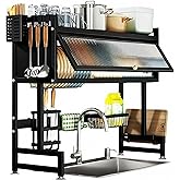 BBTEQEKN Over The Sink Dish Drying Rack, 3 Tier Large DrainerRack with Flip Top Door and Hooks, Multifunctional Kitchen Organ