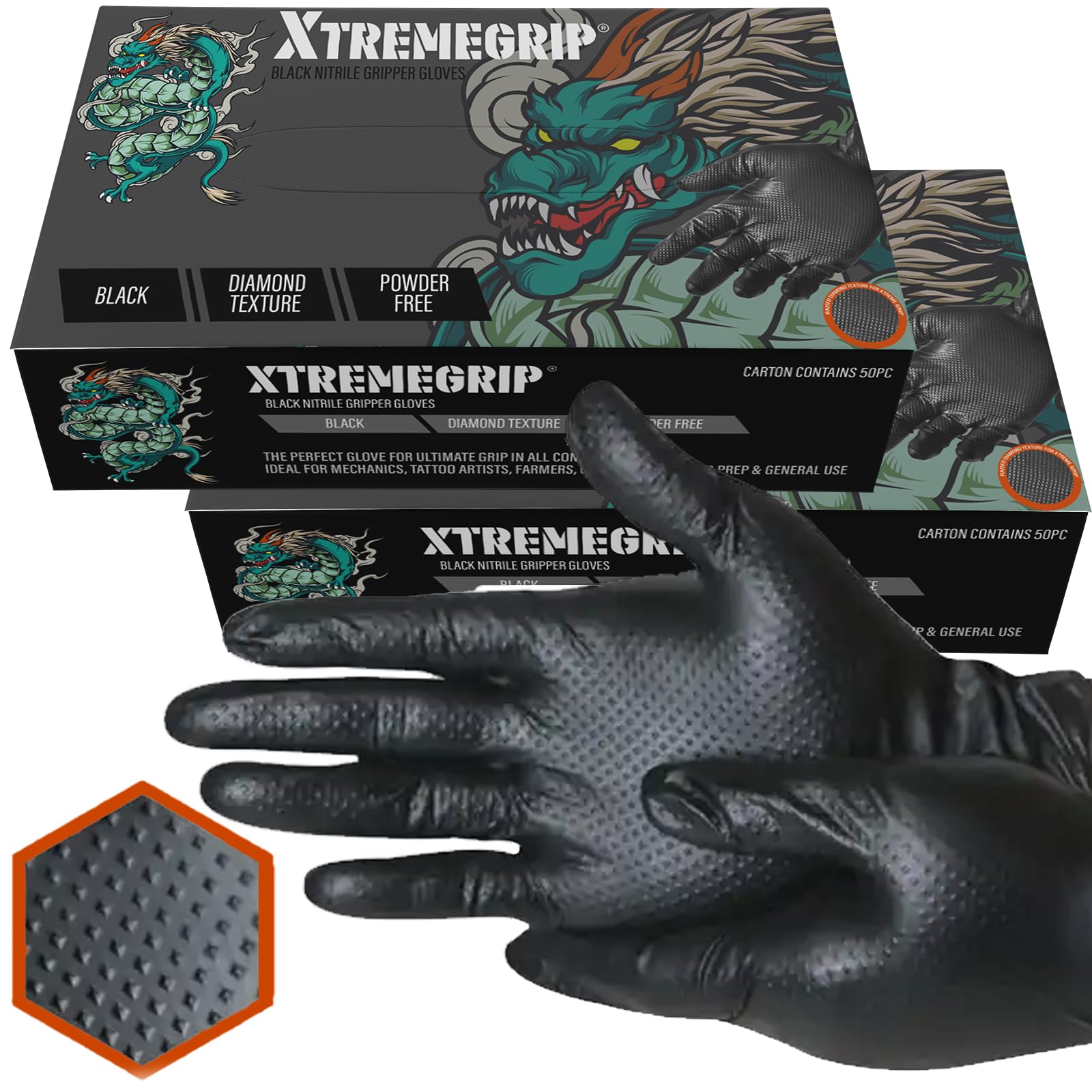 Xtremeauto Nitrile Gloves - Disposable Gloves, Diamond Grip Black Gloves - Powder-free & Latex Free Nitrile Gloves, Extra Thick & Strong Rubber Gloves Mechanics Gloves (2 Boxes, Medium) (XANGB1)