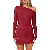 Prinbara Women's Mesh Long Sleeve Ruched Bodycon Off Shoulder Mini Dress 2025 Fall Sexy Cocktail Date Night Going Out Dresses