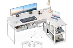 AODK 53 Inch L Shaped Computer Desk with Drawers, Corner Desk with Power Outlets & Reversible Storage Shelves, Movable CPU Stand for Home Office Gaming, White