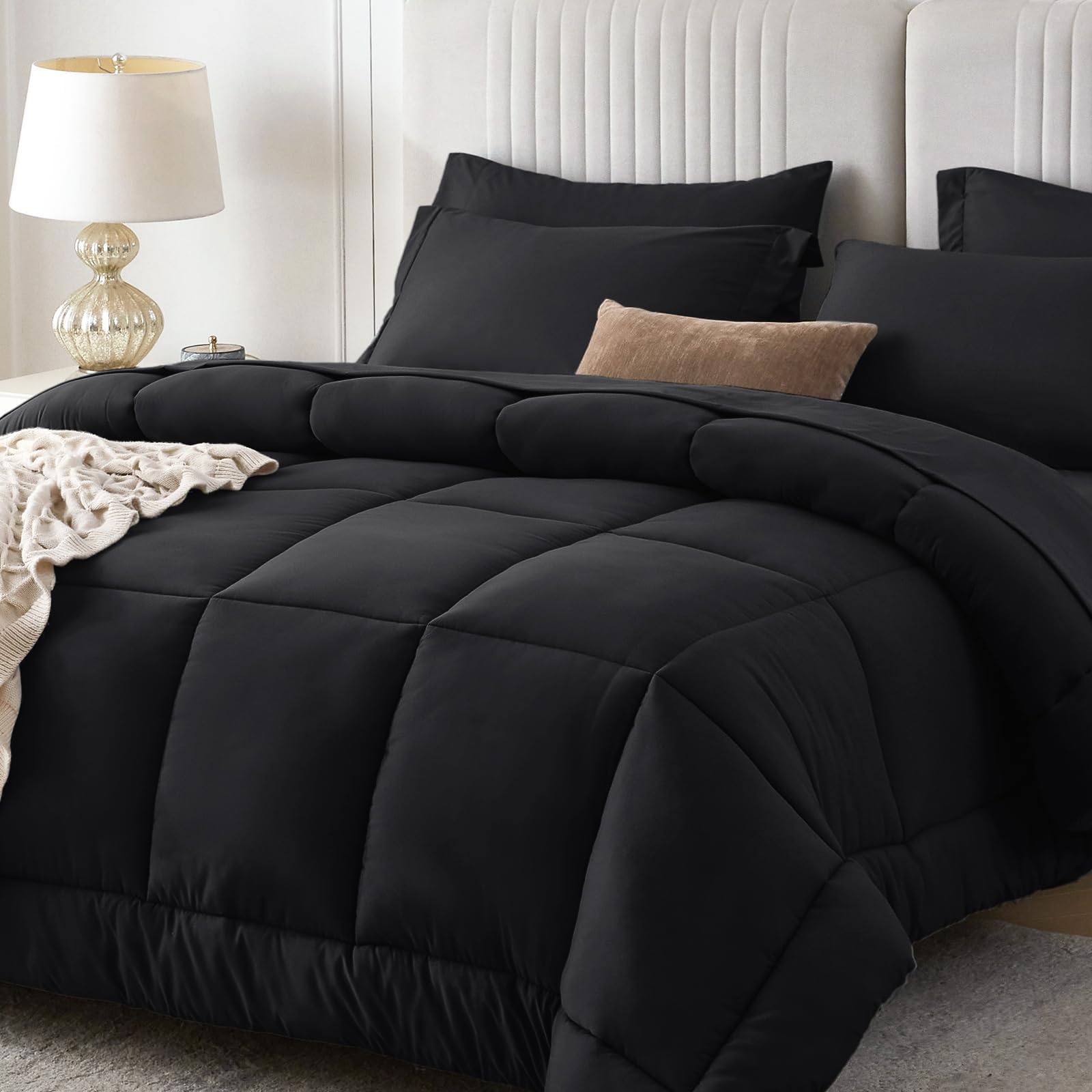 Sasttie Twin XL Comforter Set Black, 5 Pieces Twin XL Bed in a Bag, Complete Bedding Set Includes Comforter, Flat Sheet, Fitted Sheet, Pillowcase and Pillow Sham, Black Image
