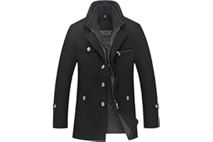 chouyatou Men's Gentle Layered Collar Single Breasted Quilted Lined Wool Blend Pea Coats
