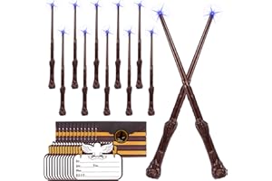 WizWonders Light Up Wizard Magic Wands 12PCS Illuminating Sound Witch Wand Set for Kids Party Birthday, with Invitation Cards & Envelopes, Brown