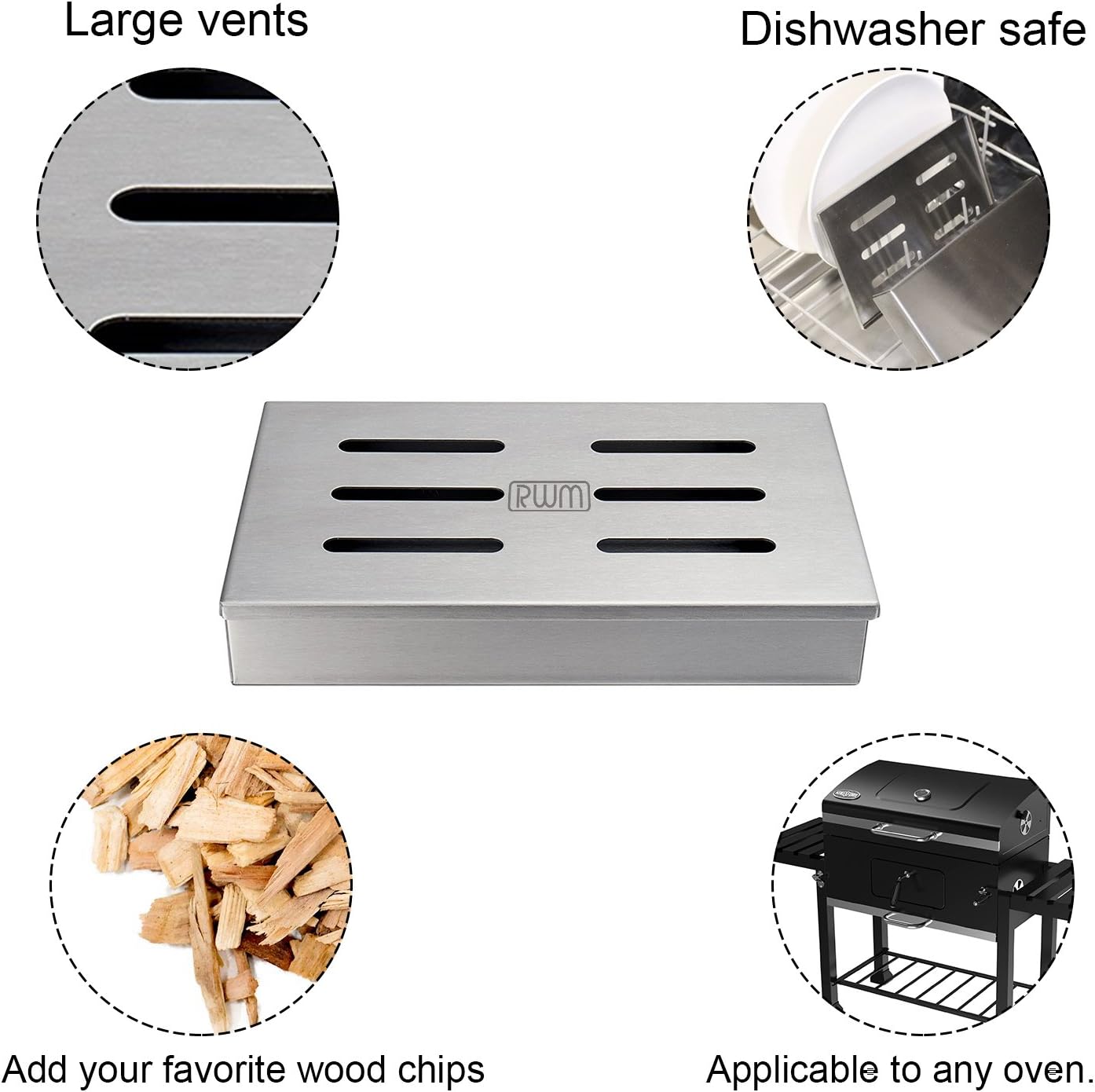 Rwm Smoker Box for Grill BBQ Wood Chips- Large Capacity Thick Stainless Steel Meat Smoky Flavor Smoker Box for Charcoal & Gas Grill: Garden & Outdoor