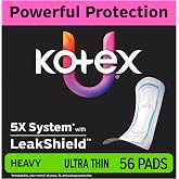 Kotex Ultra Thin Pads, Heavy, 56 Count | Period Pad, Breathable Soft Touch Cover, Made Without Fragrance, Clean &amp; Dry Feel, LeakShield Protection, Gravity Core