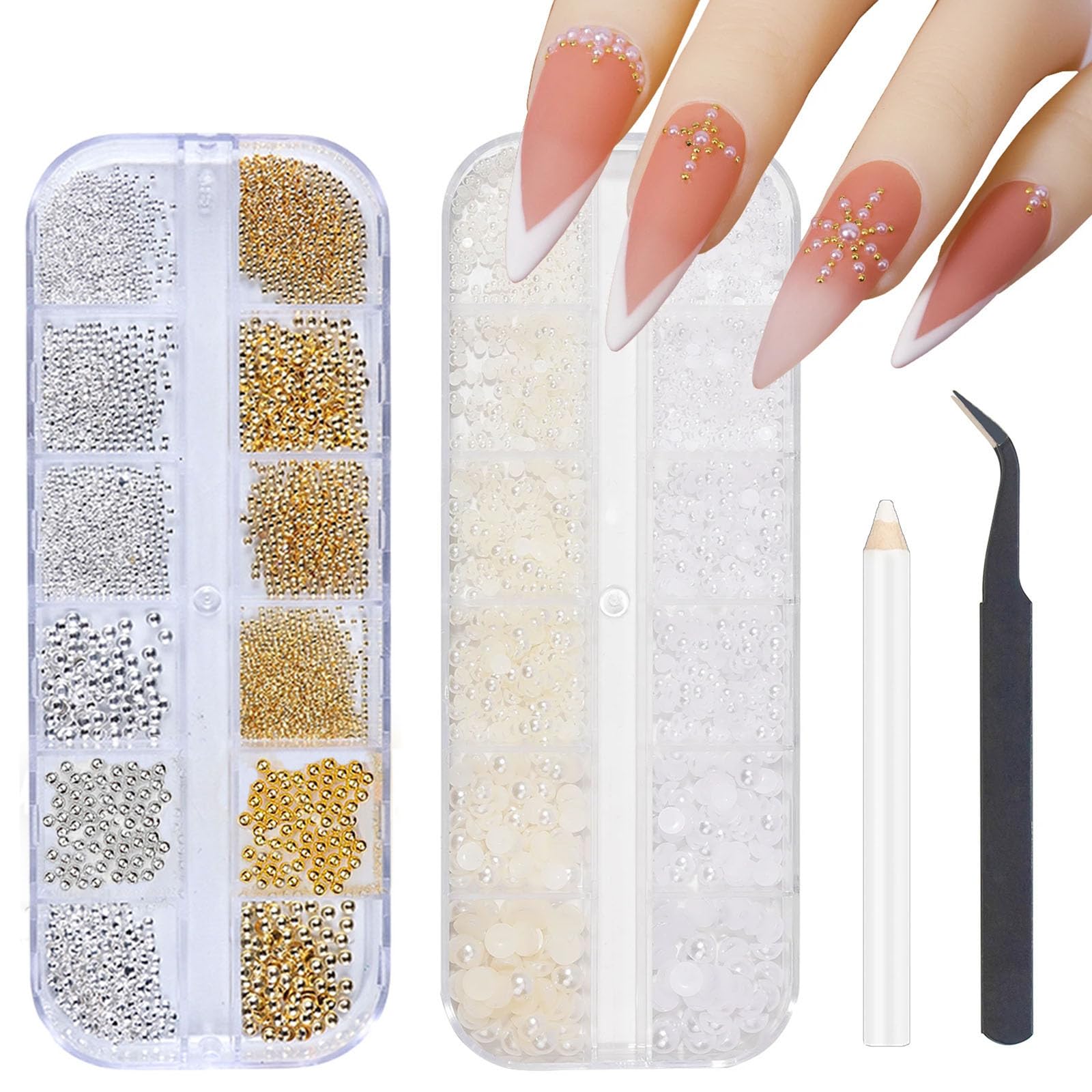 Nail Charms,2 Boxes Flackback Pearl Nail Charms and Gold Silver Caviar Beads for Nails with Pickup Pencil and Tweezer,Nail Pearls Nail Rhinestones for Nail Art Design Decorations (A Pattern)