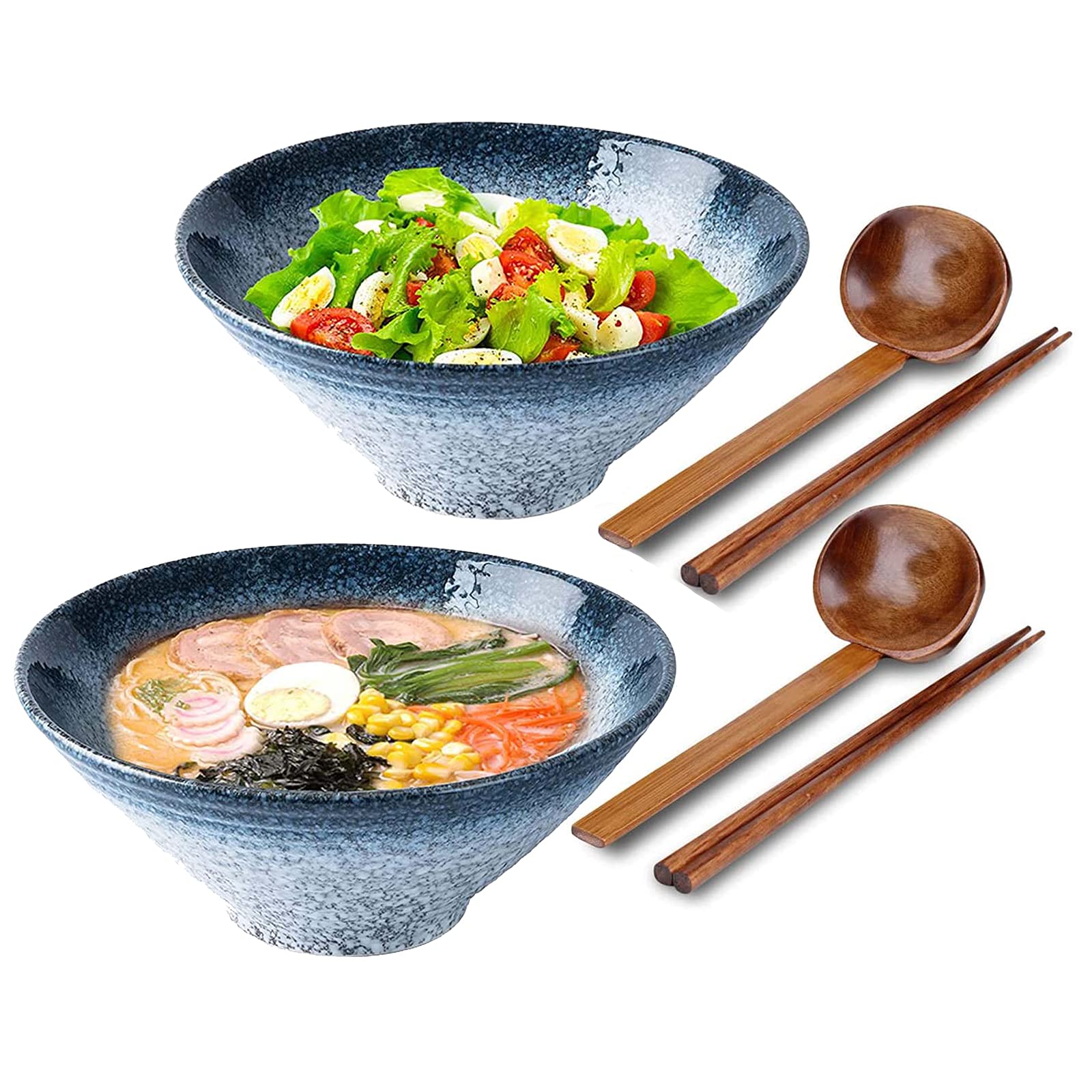 2 Set Tableware Ceramic Ramen Bowl - Japanese Noodles Bowls Dinner Sets for Pasta Soup Pho Mixing Salad Dishes Snack cereal Food with Spoons Chopsticks Kit 1000 Ml for New Home House Warming Gifts