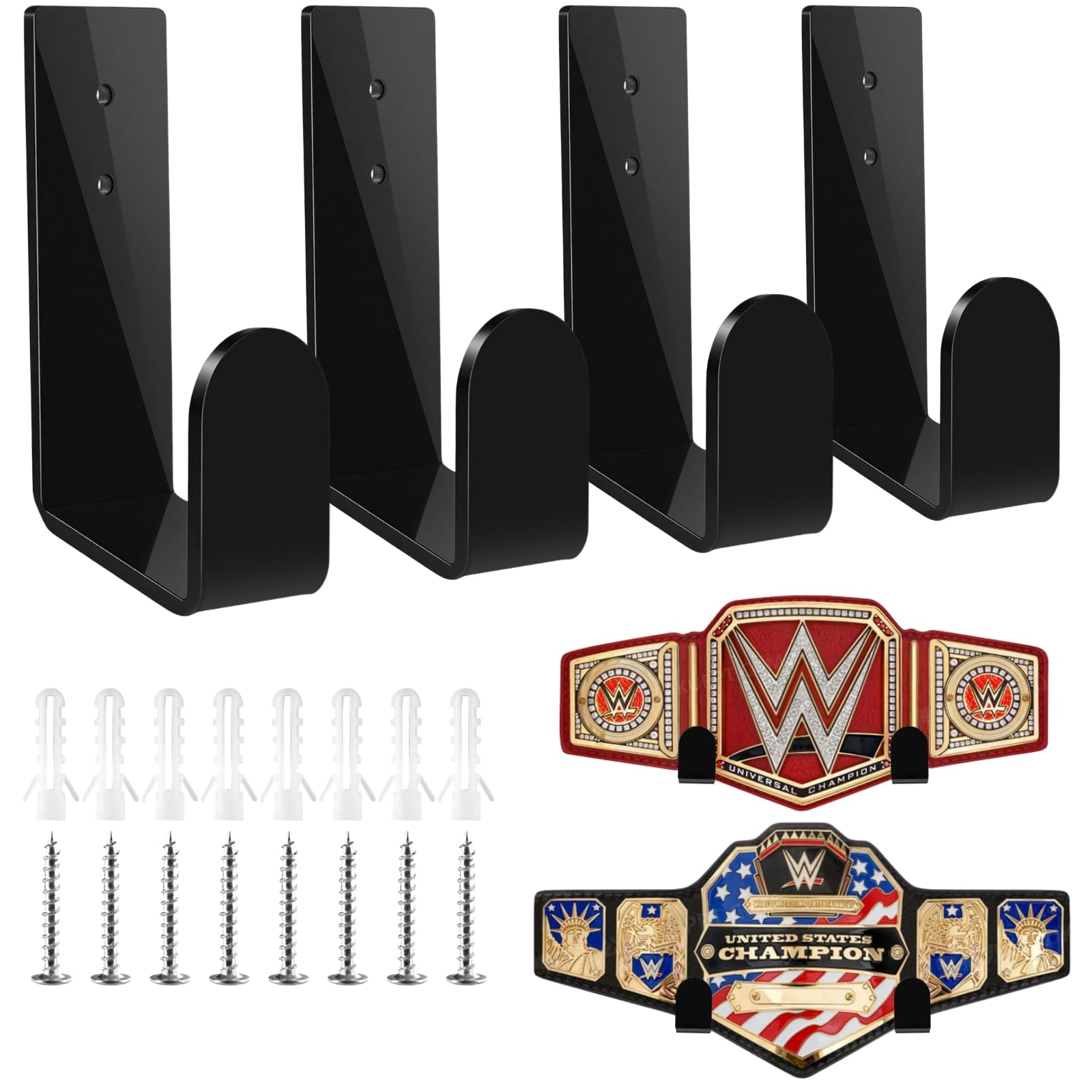 Photo 1 of Goqeut Championship Belt Wall Mount Display Holder Set, Professional Wrestling Title Belt Hanger for WWE AEW Belts, Easy Install Wall Organizer Rack (4Pcs Black)