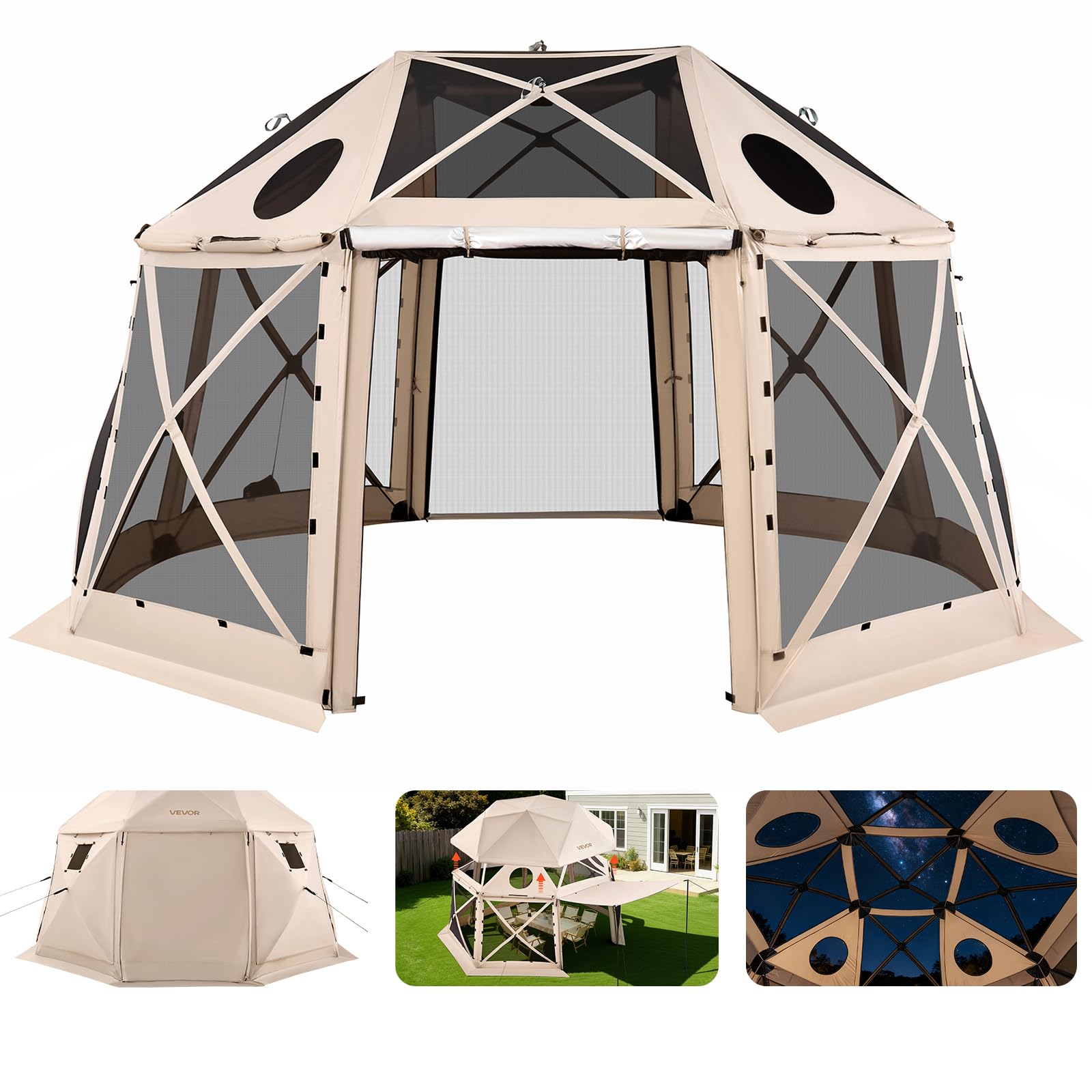 Photo 1 of VEVOR Pop up Gazebo Screen Tent, 15 x 15 ft, 13-Sided Spherical Camping Canopy Tent with Removable Top & Carry Bag, Quick-Set & Bite-Proof, Screen House Sun Shelter for 12-15 Persons, Beige