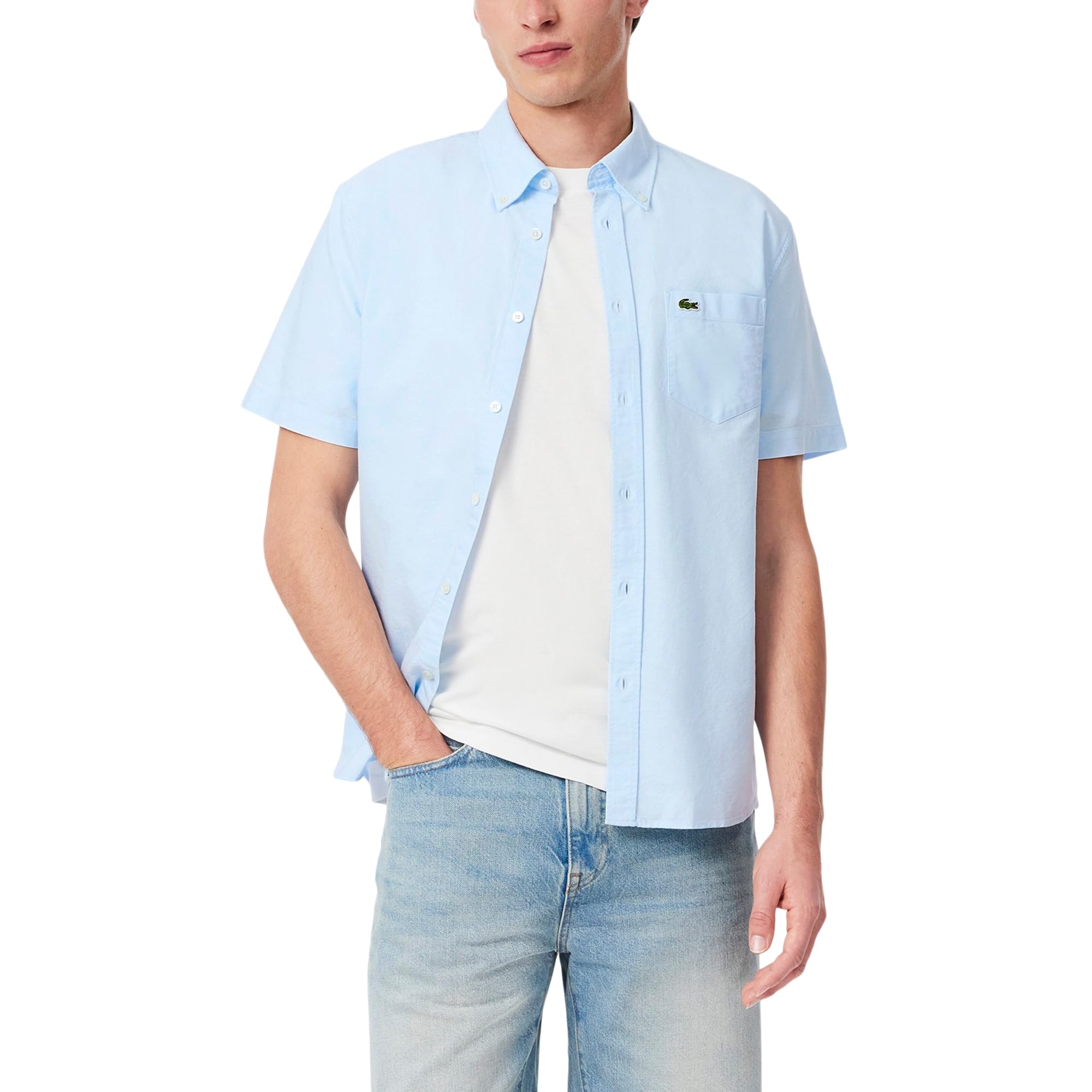 Lacoste Men’s Core Collection Regular Fit Short Sleeve Solid Shirt, White/Panorama, Medium