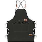 LOYGLIF Chef Aprons for Men Women with Large Pockets, Cotton Canvas Cross Back Adjustable Cooking Kitchen Work Waterproof Bib Apron Green
