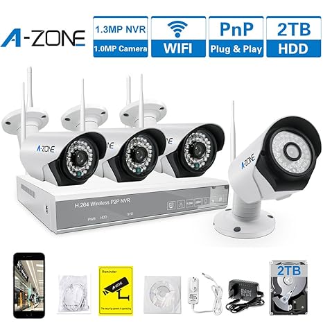 A-ZONE 4 Kanals Haus Videoüberwachungssystem mit Bewegungsmelder und Aufzeichnung, 960P NVR / 4 Kameras 720P Funk Überwachung