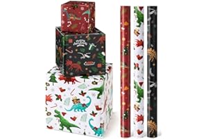 WERNNSAI Christmas Kids Wrapping Paper - 3 Rolls 17" x 120" Kids Christmas Dinosaur Wrapping Paper Rolls Boys Christmas Wrapping Papers Christmas Birthday Gift Wrap Paper with Cutting Line
