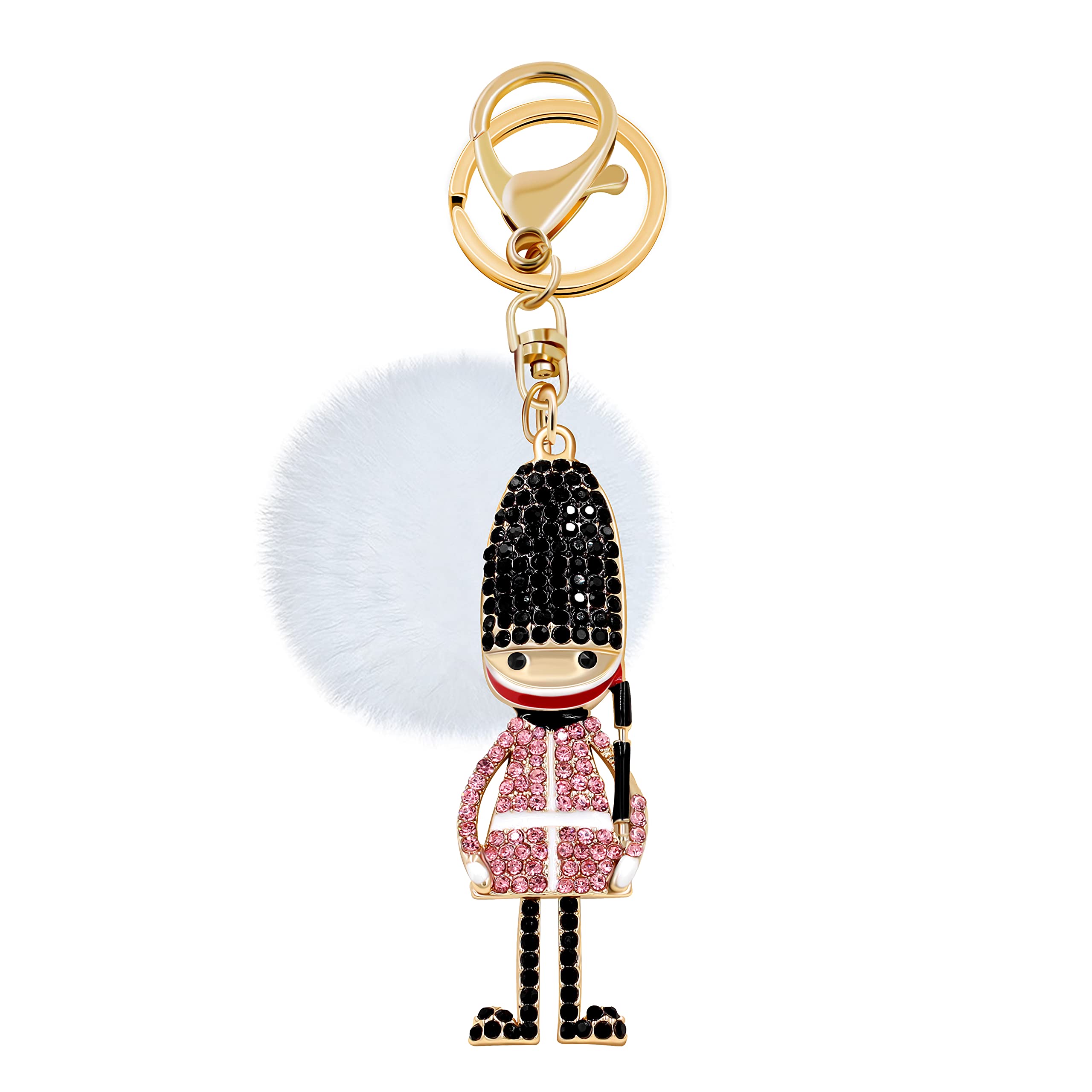 Uloveido Charm Guard Design Pink Keychain for Teen Girls Women Kids with White Fur Ball