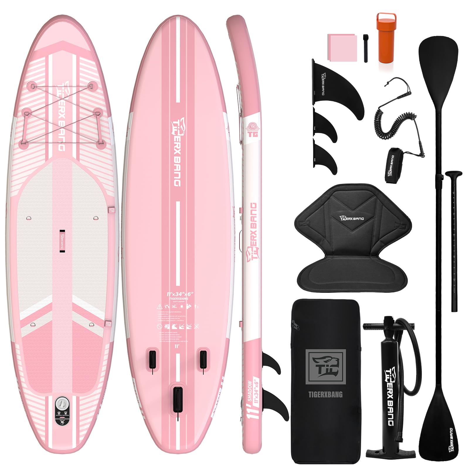 TIGERXBANG Aufblasbares Stand-Up-Paddle-Board mit Zubehör 335 × 86 × 15 cm, SUP Board für Erwachsene, Kollektion Shadow Rosa