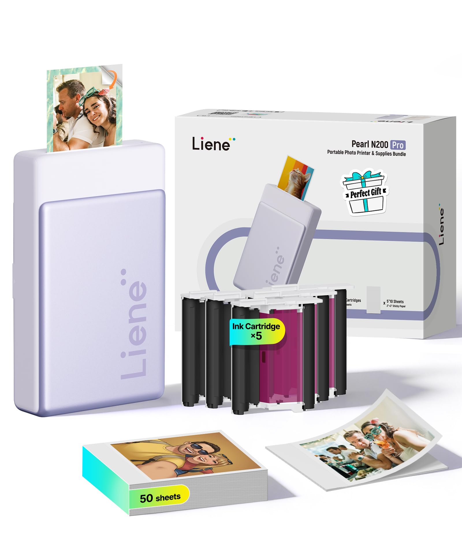 Liene Pearl N200 Pro Portable AI Photo Printer, Instant Mini Picture Printer for iPhone Smartphone, Thermal Dye Sublimation Bluetooth Sticker Maker 50 Sheets 2x3 Adhesive Paper & 5 Cartridges, Purple