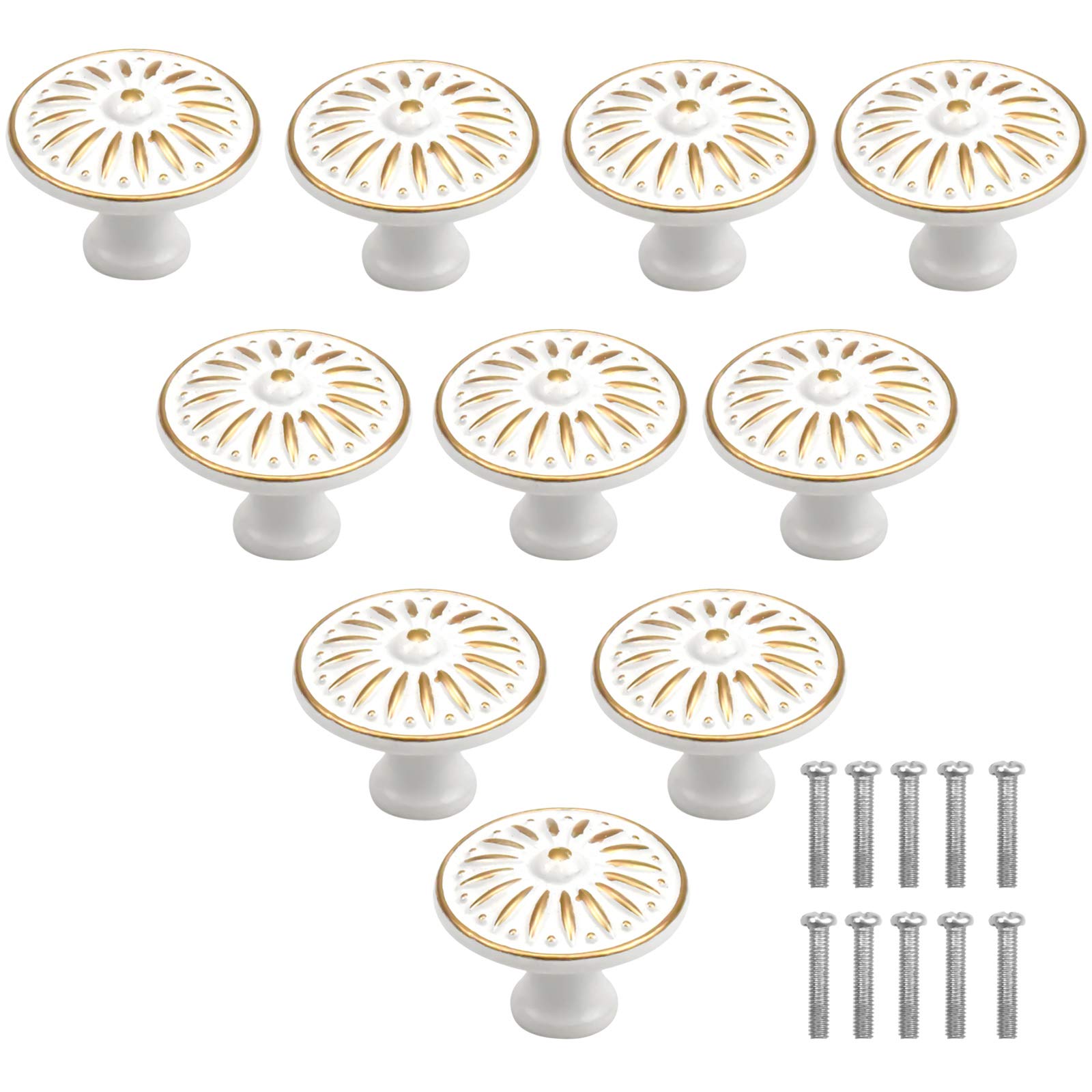 Chstarina 10 Pcs White Cabinet Knobs 35MM Vintage Chic Round Drawer Knobs Metal Flower Cabinet Cupboard Drawer Wardrobe Door Knob Handles with Screws for Home Kitchen Office Furniture Chest
