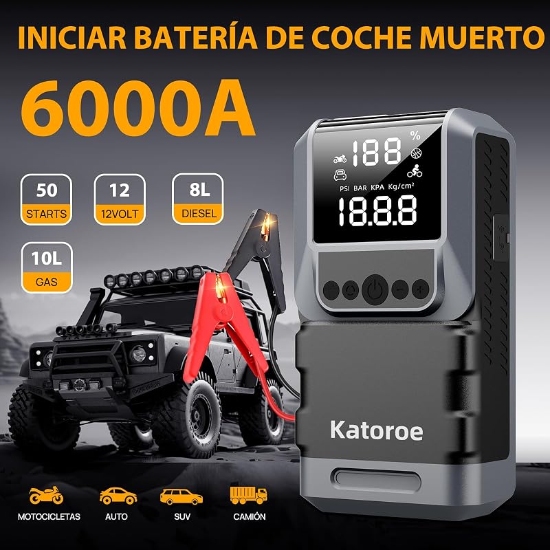 Arrancador de Coches 6000A con Compresor, 150PSI Inflador de Neumáticos, Arrancador de Baterias de Coche(10L Gasolina o 8L Diésel), 12V Jump Starter con Pantalla LED, Luz de Emergencia