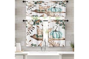 Arttown Autumn Pumpkin Fall Kitchen Curtains Window Curtains and Valances Set 36 Inch, Eucalyptus Green Leaf Short Tier Curtain for Kitchen, Watercolor Vintage Small Kitchen Decor