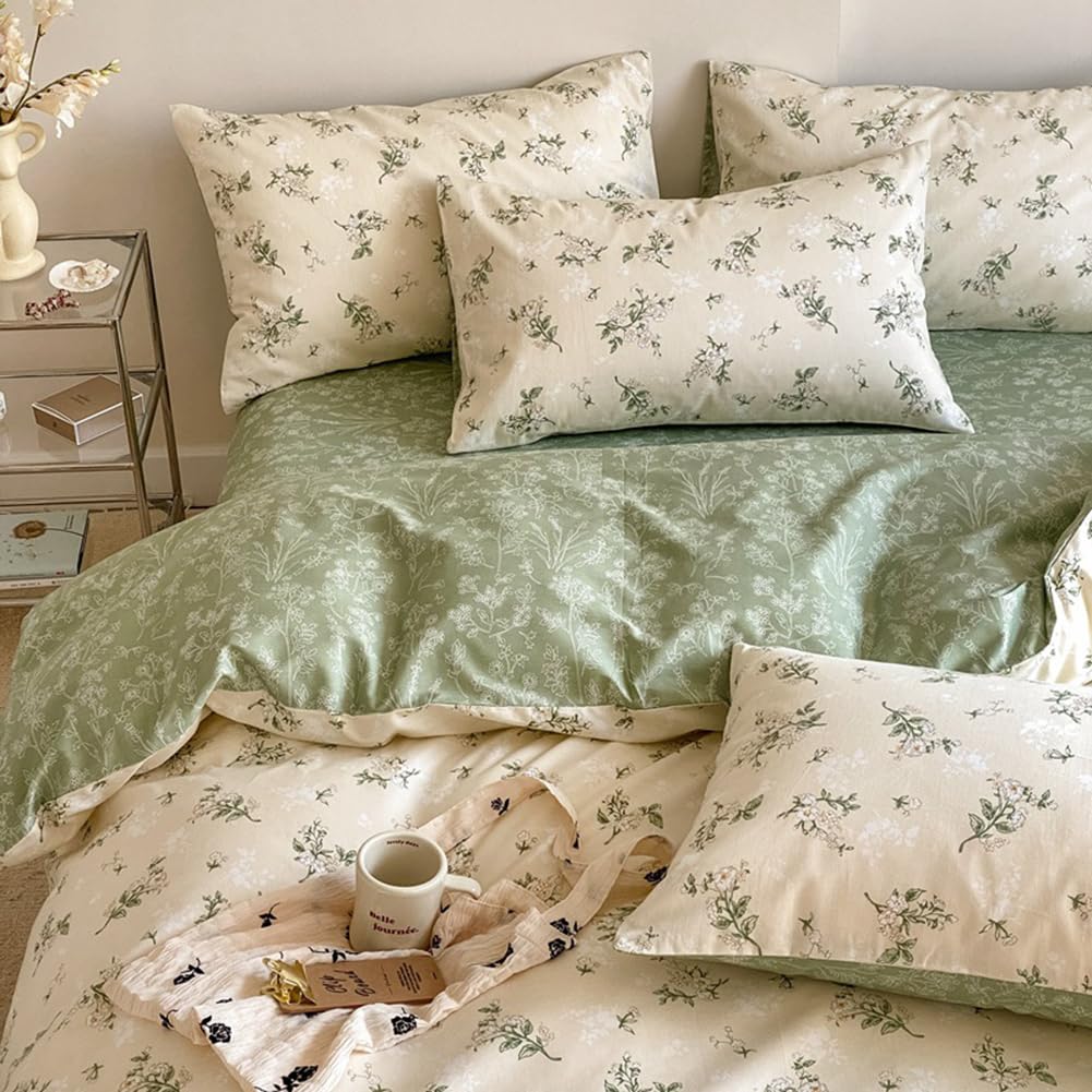 Photo 1 of Nayoroom Vintage Floral Duvet Cover Queen Size 100% Cotton Beige Green Botanical Flower Spring Cottagecore Bedding Set 3 Pieces Soft Breathable Reversible Comforter Cover with Zipper Closure